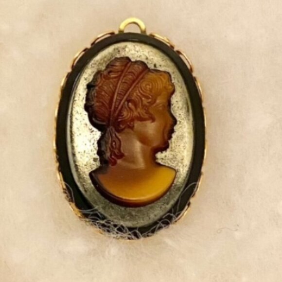 VINTAGE CAMEO WOMEN'S PROFILE PENDANT FOR NECKLACE brown amber gold tone charm - Picture 2 of 5